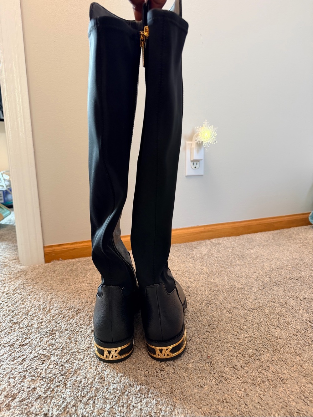Michael Kors Black Tall Women’s Zip Boots with Gold Heel Emblem